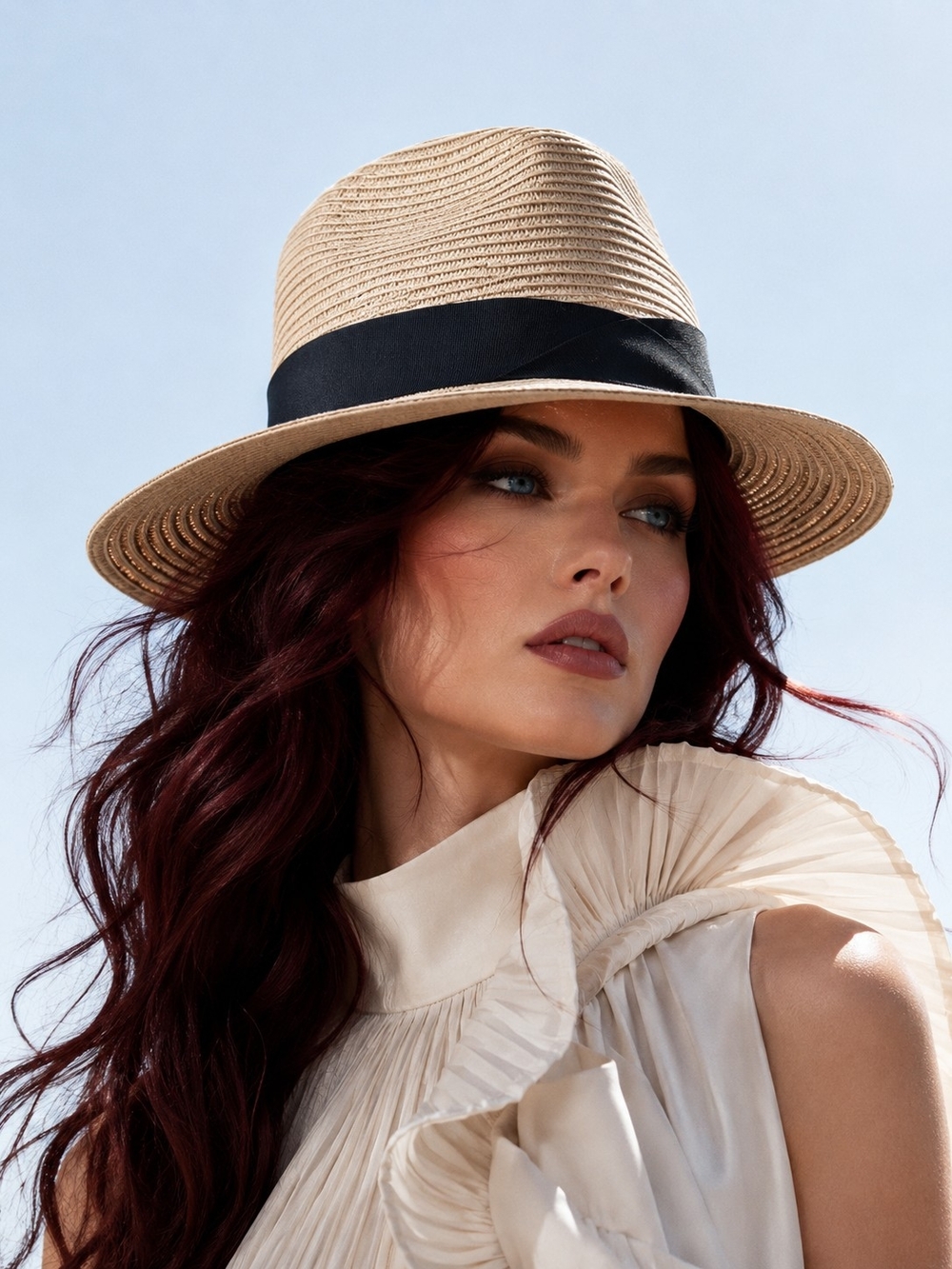 πWomen's Straw Fedora Hat with Black Band - Neutral